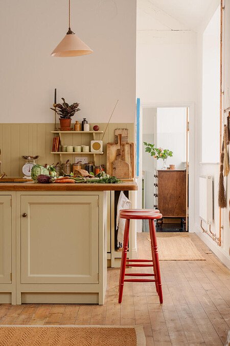 Kitchen island, rustic farmhouse, wooden chopping board, hallway