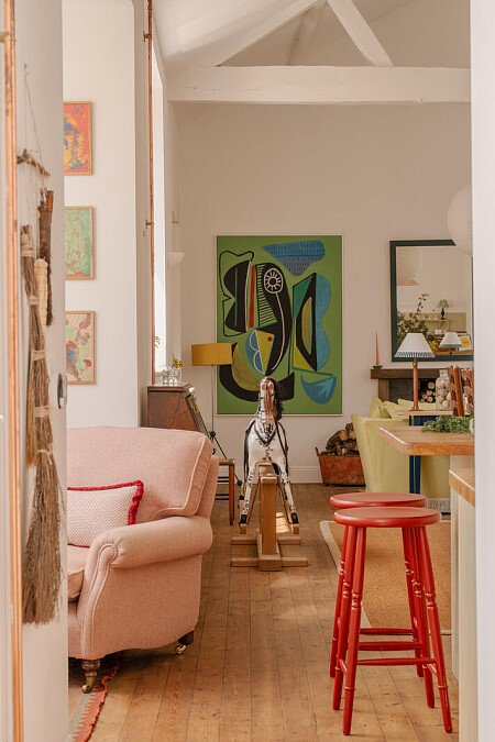 abstract art, wooden beams rocking horse