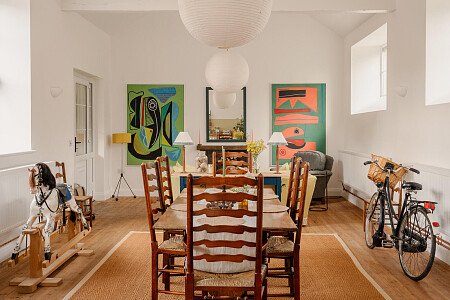 Dining room, rectory table, abstract art, paintings, rustic