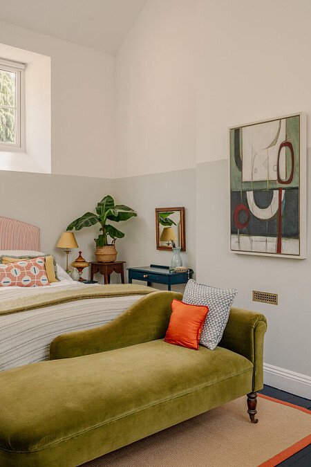 bedroom, vaulted ceiling, blue room, abstract art, velvet chaise