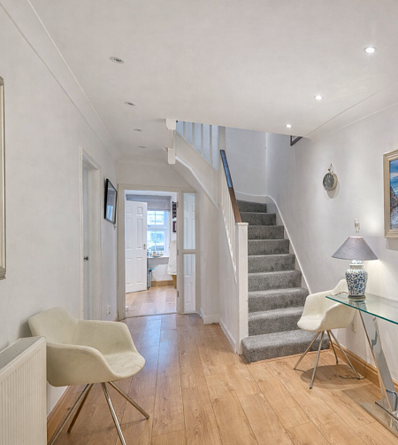 Modern hallway with seascape and lamp