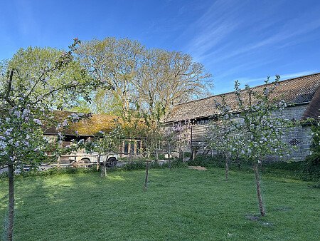 Barn exterior April with blossom